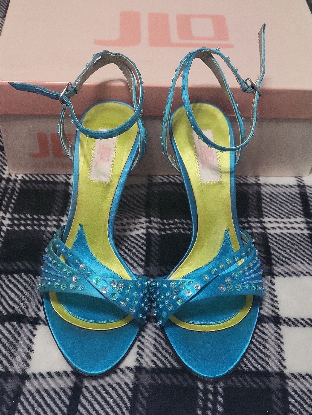 Jennifer Lopez Turquoise Blue Crystal Ankle-Strap Sandals "NEW"